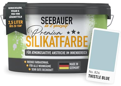 SEEBAUER diy Silikatfarbe Hellblau 2,5L für Innen (No. 826 Thistle Blue) Atmungsaktive Mineralfarbe für Allergiker - Abwaschbare Wandfarbe - Blautöne hohe Deckkraft