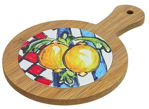 DLM-A348 Bomboniera utile Sottopentola Tagliere tondo in Legno e Ceramica decori maioliche limoni cm 20x14 decorazioni con scatola Matrimonio Comunione Cresima Battesimo 18 Compleanno