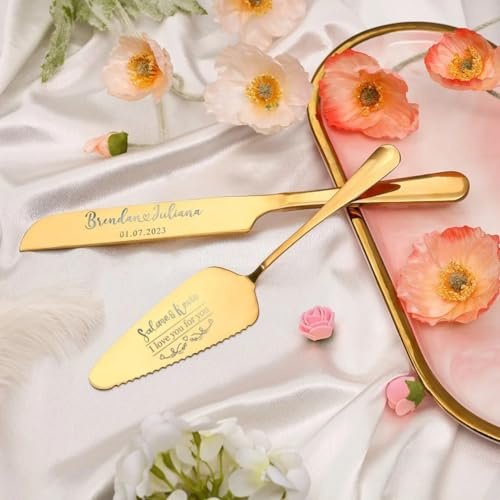 Juego de cuchillos para tartas grabados personalizados, cuchillo y pala para tartas, regalo de cumpleaños, boda, fiesta, aniversario, compromiso, herramienta para hornear (dorado)