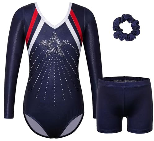 BAOHULU Gymnastikanzug für Mädchen, langärmelig, glitzernd, niedliches Muster, Tanzoutfit mit passenden Shorts, Navystars-Set, 13-14 Jahre
