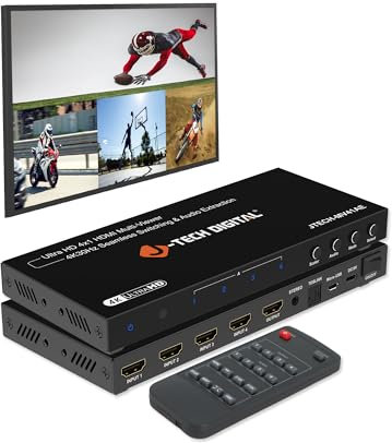 J-Tech Digital Interruttore multiviewer HDMI 4 in 1 Out, 4 x 1 4K 30 Hz, commutatore multiviewer senza soluzione di continuità con PiP, 6 modalità di visualizzazione, estrazione audio tramite ottica