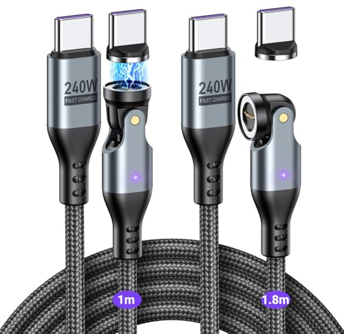 VAFOTON 240W Magnetic Charging Cable 9Pins (2Pack, 1m/1.8m), PD 240W USB C to USB C Magnetic Phone Charger Cables for Tablet/Laptop/MaBook/Smartphone