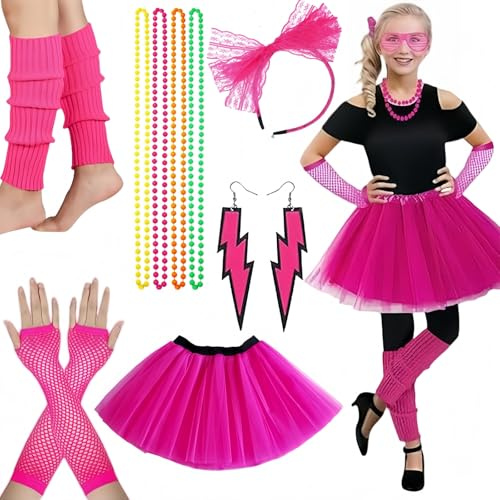 Ymoryiyi 80er 90er Jahre Outfit Damen Neon Kostüm Set mit Tutu, Netzhandschuhen, Stirnband, Ohrringen & Beinstulpen - Pinkes 80er Jahre Party Kostüm für Karneval, Fasching & Cosplay