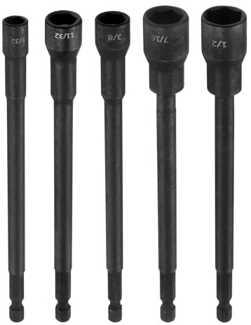 sourcing map Hex Nut Driver Drill Bit 9/32+11/32+3/8+7/16+1/2 6-Point Socket 1/4 Hex Shank Magnetic Setter CR-V Steel Bolt Sockets for Power Drills Impact Drivers, 5.91 (150mm) Long
