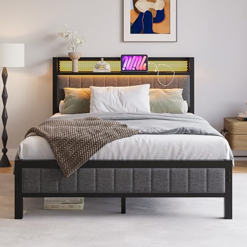 BORPHOM Sängram med LED, laddningsstation, dubbelsäng/enkelsäng, gästsäng, metallsäng, klädsäng, 120 x 200, sängram av metall, ungdomssäng, med ribbotten, sänggavel i grå, för sovrum, gästrum