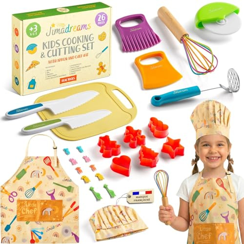 Jimadreams Kit Couteau Cuisine Enfant Montessori avec Tablier et Toque de Petit Chef - Kit Patisserie & Découpe, Set Couteaux Sécurisés et Ustensiles de Cuisine pour Enfants, Coffret Cadeau dès 3 Ans