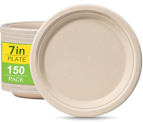 Rigid Disposable Paper Plates Brown 7 inch 150 Pack Compostable Dishes Tray