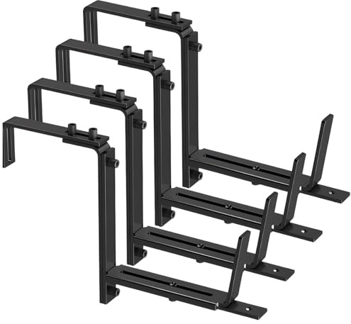 4 Adjustable Flower Box Brackets for Deck Railings, Heavy Duty Iron with Rustproof Finish, Fits 2-7 in Rails and 5.9-12.6 in Plant Pots, Quick Install