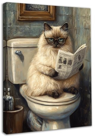 Dazzlewall Gerahmte Lustige Katze Auf Toilette Wand Kunstdruck, Vintage Badezimmer Dekor Poster 12x16 zoll, Humorvolle Katze Liebhaber Geschenk