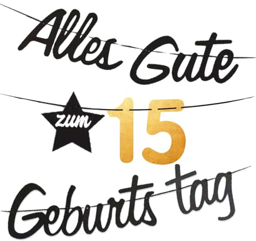 15 Geburtstag Banner Mann Girlande Alles Gute zum Geburtstag15 Jahre Happy 15th Birthday Banner Girlande deko Gold Schwarz Junge Mädchen