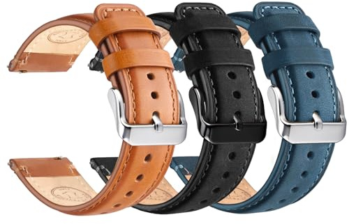 Wristitani 3-pack läderarmband 20 mm 22 mm, äkta läder klockarmband för män, snabbfrigörande vintage armband, 22mm, Läder