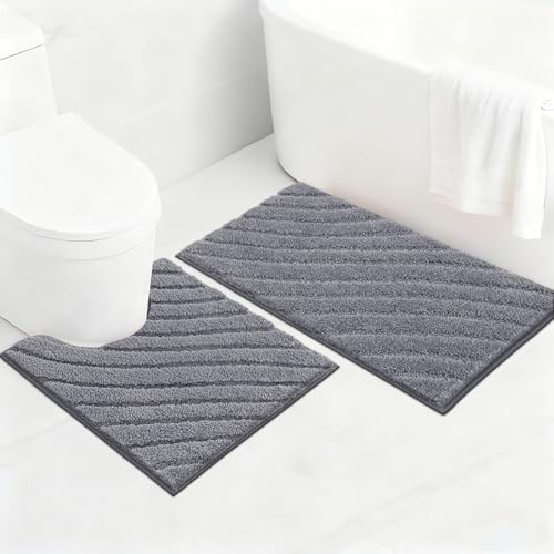 SHACOS Badezimmerteppich Set 2 Teilig Badteppich rutschfest Badematte Weiche Badezimmer Teppiche Wasserabsorbierend Badezimmermatte Waschbar Badvorleger Set, Grau, 50x80+50x50cm