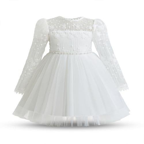 NNJXD Baby Girl Flower Embroidery Fall Long Sleeve Dress Toddler Birthday Party Princess Tulle Dresses 2194 White 18-24 Months