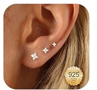 MOGASA 3 par örhängen dam 925 sterlingsilver pläterade 14k guld allergivänlig liten zirkonia/blomma/stjärna örhängen 3-5 mm smyckesgåvor för kvinnor och flickor, Silver