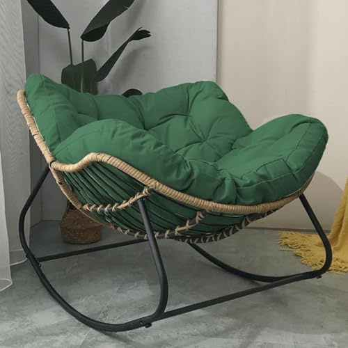 Mecedora para exteriores, de gran tamaño con cojín, silla de mimbre de ratán, balancín de huevo con marco de metal para interior/patio, cómodo asiento moderno (verde)