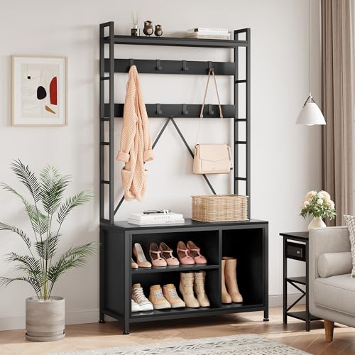 JOLLYTOP Garderobe Mit Schuhablage, Industrielle Garderobenregal | Mit Schuhbank Garderobenständer Mit Holz- Und Metallrahmen, Für Schlafzimmer, Wohnzimmer, Eingangsbereich, Flur, Schwarz