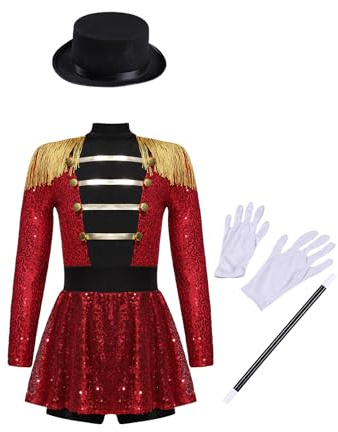 Raenseen 4Pcs Mädchen Zirkus Kostüm Dompteurin Ringmaster Kostüm Glitzer Tanzkleid Pailletten Ballettkleid Tanzbody Halloween Karneval Fasching