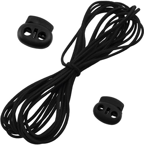Aerzetix - Set di 5 m Cordoncino Elastico Rotondo Ø3 mm di Colore Nero + 8 Ferma-cordini ovali in plastica a 2 passaggi Ø4 mm + 8 Stopper a 2 Aperture Ø5 mm