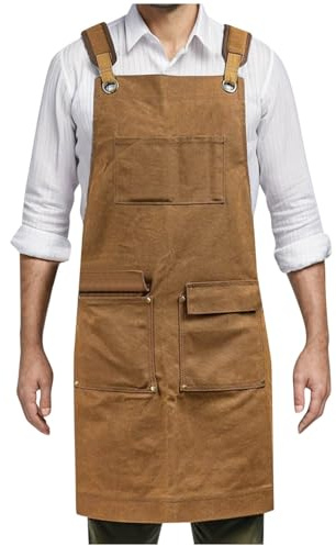 RUMAOZIA Woodworking Apron for Men, Gifts for Woodworkers, with 9 Tool Pockets, Heavy Duty Waxed Canvas Work Apron, Blacksmith,Bartender Durable,Shoulder Strap Design, O Brown, One Size