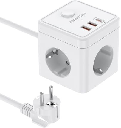 ANRMESUN Cube Regleta Enchufe con USB, Equipado con 3 Tomas de AC, 2 USB y 1 Tipo C(PD 20W), con Interruptor, para Familia, Cocina y Oficina, Cable 2M Blanco