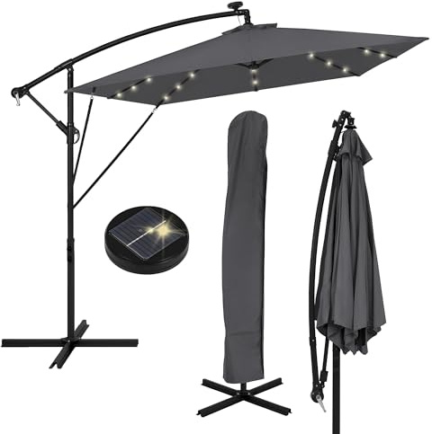 ML-Design Parasol Déporté avec LED Solaire Ø 330 cm Anthracite en Aluminium à Manivelle, Protection UV50+ Imperméable, Modèle Inclinable et Pivotant 360°, Meuble pour Jardin, Housse et Support inclus