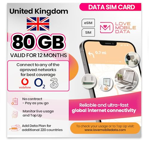 Love Mobile Data Only Sim Card - Multi-Network 4G/5G Prepaid Pay As You Go Data Sim for Mobile Phones, WiFi Routers & More, United Kingdom (O2, Three & Vodafone) - 80GB for 12 Months
