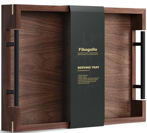 Fibogollo Walnut Wood Serving Tray with Metal Handles,38 * 25cm Ottoman Decorative Trays Platter for Coffee Table,Living Room,Bar,Party(Small)