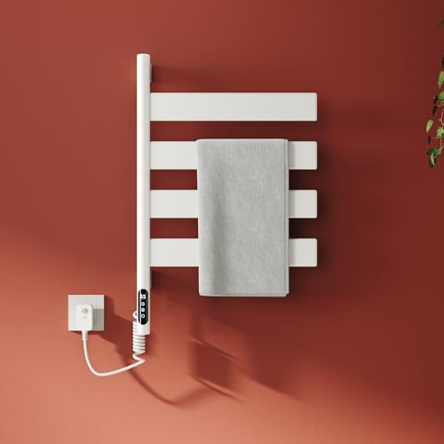 SONNI Elektrischer Handtuchheizkörper 700x450mm, 180° Schwenkbar, 120W Carbonfaser Handtuchwärmer mit Tuya WLAN/Alexa, Stecker oder Unterputzmontage, 4 Breite Flachrohre (70mm) für Bad, Weiß