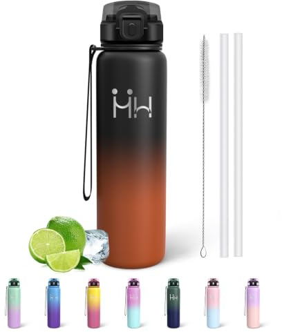Mujigaga Botella Agua Acero Inoxidable 1l, Botella Termica con Pajita, A Prueba de Fugas, Sin BPA Botellas Agua Gimnasio, Reutilizable Cantimplora Termica para Bicicleta, Viaje, Colegio