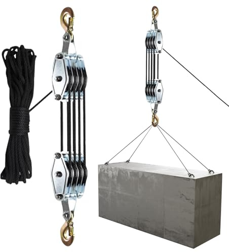 Rope Hoist Pulley System, 4400LBS Breaking Strength & 8:1 Lifting Power Heavy Duty Pulley Block with Metal Bearing & 20 m Nylon Rope Guide for Garage Warehouse Outdoor Lifting