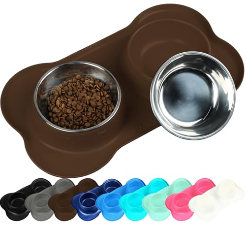 VIVAGLORY Cuencos para Perros, Cuencos para Comida de Perros, Cuencos para Agua de Gatos y Cachorros de Acero Inoxidable con Tapete Antideslizante y Antisalpicaduras de Silicona, Mediano, Chocolate