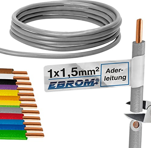 H07V-U Câble conducteur à un conducteur rigide - Gaine en PVC - 1,5 mm² - Couleur : gris - 10 m, 15 m, 20 m, 25 m, 30 m, 35 m, 40 m, 45 m, 50 m, 55 m, 60 m jusqu’à 100 m - Au choix