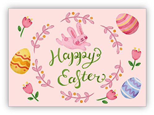 Im 16er Glückwunsch Set: Entzückende handgemalte Osterkarte mit Tulpen, Ostereiern und Häschen in rosa: Happy Easter • Klappkarten als Oster Grußkarten, Gutschein, Geschenk-karten