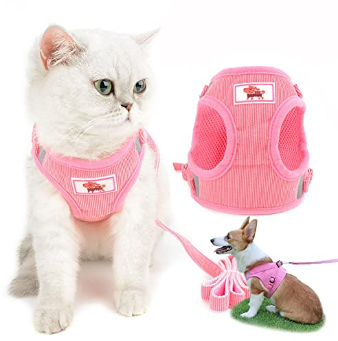 Zunea Katzengeschirr mit Leine ausbruchsicher, kein Ziehen, verstellbar reflektierend mit weichem Netzstoff gepolstert Cord-Weste Geschirr für Kitten, Katzen, Welpen, kleine Hunde Rose S