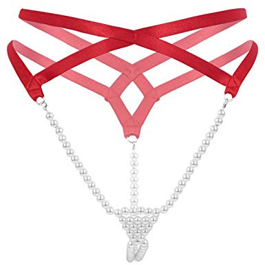 TiaoBug Damen Ouvert Perlen String Tanga Ouvert-Slip T-Back Thong Unterhosen Bikinihose Body sexy Harness Reizvoll Unterwäsche Rot A Einheitsgröße