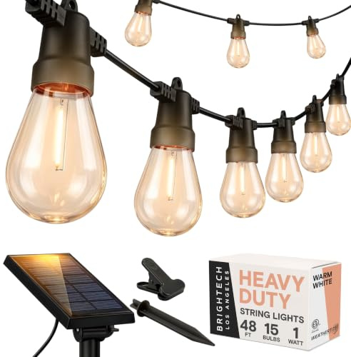Brightech Ambience Pro Solar Powered Outdoor String Lights - Commercial Grade Patio Lights with 48 Ft Edison Bulbs - Shatterproof LED Solar Lights for - 1W LED, Warm White Light