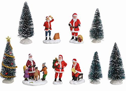 meindekoartikel Miniatur Winterszene Lichthaus Winterwelt 10-teiliges Deko-Set Bäume und Weihnachtsmänner aus Poly Kunststoff (bunt) Höhe 5-10cm