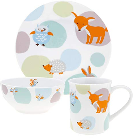 Puresigns WOODY - Vajilla infantil de 3 piezas, diseño de animales del bosque en colores pastel, plato, taza y cuenco de cereales, ideal para niños y niñas, regalo de cumpleaños perfecto para niños