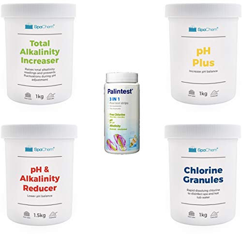 SpaChem Chemical Starter Kit for Hot Tub and Pool Water Treatment - Includes 1kg Chlorine Granules, 1.5kg pH Minus, 1kg pH Plus, 1kg Total Alkalinity and 3in1 Test Strips