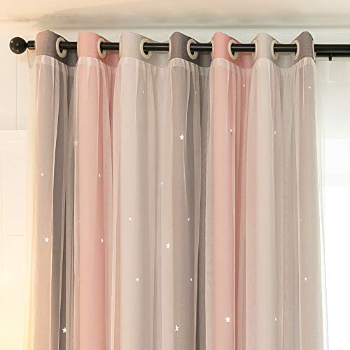 Michorinee Vorhang Kinderzimmer Blickdicht Gardinen Mädchen Junge Hohle Sterne Verdunkelung Vorhänge Farbverlauf mit Ösen Voile für Mädchenzimmer, Grau Rosa 1 Stücke 240 × 132cm (H × B)