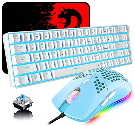 Tastatur und Maus Gaming Set, 68 Tasten Blauer Schalter 60% Mini Eisblaue Backlit Mechanische Tastatur Weiß, 6400DPI Leichte Programmierbar Maus Grün, USB-Kabel, Kompatibel mit Windows Mac PS4