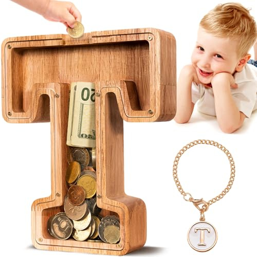 summidate Spardose Kinder Holz, Personalisierte Buchstabe Sparschwein T | Spardose Holzbuchstaben für Mädchen Jungen Initiale, Sparschwein Geschenk zum Geburtstag, Weihnachten und Kinderzimmer Deko