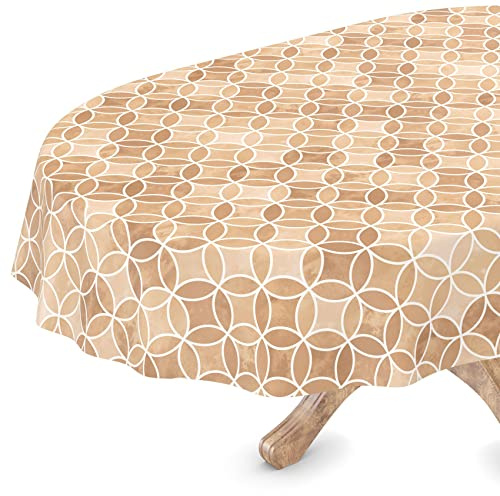 Nappe en Toile cirée, Lavable, Ovale, Bord coupé, Kaléidoscope, Beige, Facile d'entretien, 140 x 180 cm