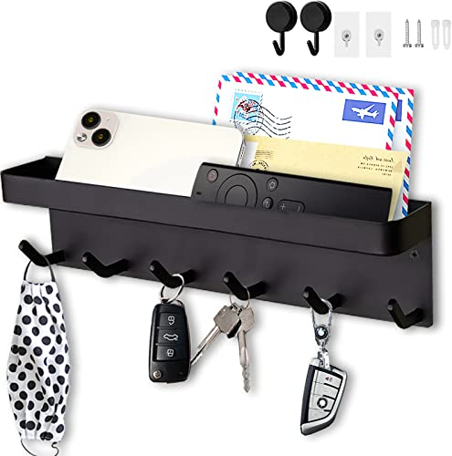 Echehi Schlüsselhalter mit 6 Haken, Einfach zu Installierende Schlüsselbrett Ohne Bohren, Metall Schlüsselablage, Garderobe, Briefständer, Geeignet für Eingangsbereiche und Hinter Türen. Schwarz