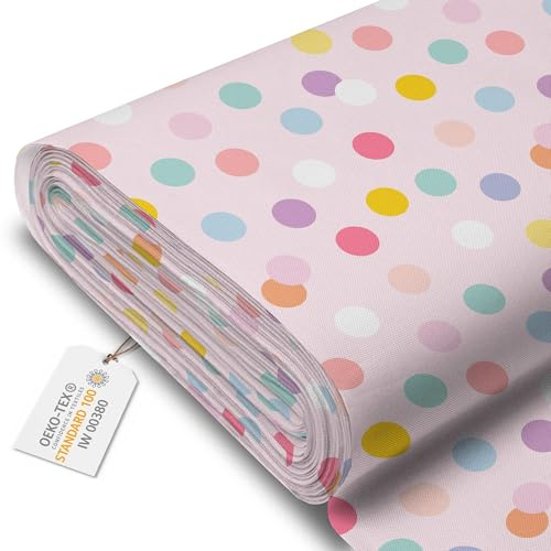 DreamRoots Markisenstoff Meterware, Pastel Confetti Dots, Laufmeter | Oxford Segeltuch, wasserdicht, Polsterstoff Meterware, 220 g/m² 600D, 160 cm breit, für außen & Deko