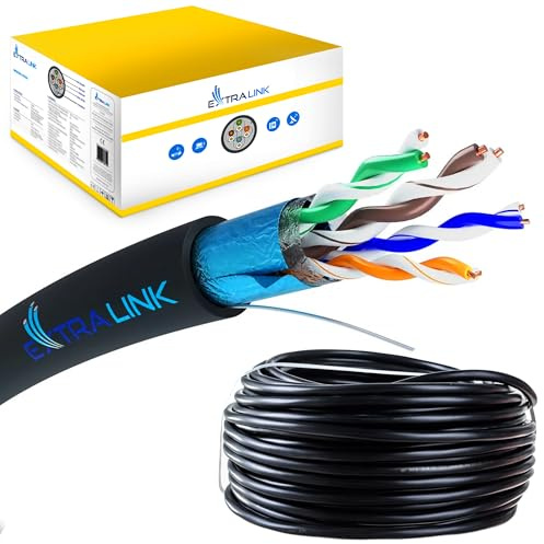 EXTRALINK Cable Ethernet 100M CAT5e para exteriores, Cable Red LAN– 100% cobre, F/UTP apantallado, compatible con PoE, UV resistente, con funda exterior de PE duradera y resistente a la intemperie