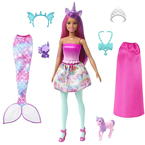 Barbie Dreamtopia - Barbie Dress up set, Include tanti abiti e accessori, Tra cui una coda da sirena, Due gonne, Cerchietti a tema, Una collana e tanto altro, Giocattolo per Bambini 3+ Anni, HLC28