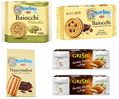 Pacchetto di prova Mulino Bianco Baiocchi Baiocchi biscotti con pistacchi 168 g + Baiocchi nocciola + nascondini 330 g + 2 x Matilde Vicenzi Grisbi Pistacchio biscotti con crema al pistacchio 150 g