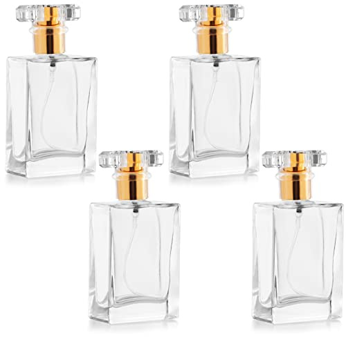 BELLE VOUS 4 Flaconcini Vuoti per Liquidi 50 ml in Vetro Trasparente Riutilizzabili - Boccette Profumi Vuoti Trasparenti con Pompa Nebulizzatore Profumo Oro - Per Viaggi, Oli Essenziali e Dopobarba