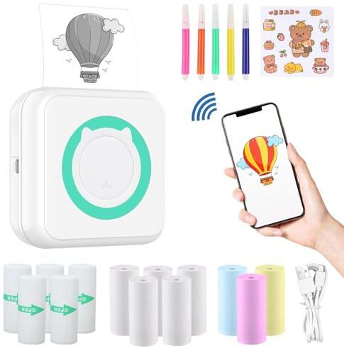 Monochrom mini drucker für smartphone,fotodrucker,tragbar Thermal Drucker Kompatibel mit iOS und Android System,Kabellos Bluetooth Taschen Thermoetikettendrucker für Notizen, Memo, Monochrom